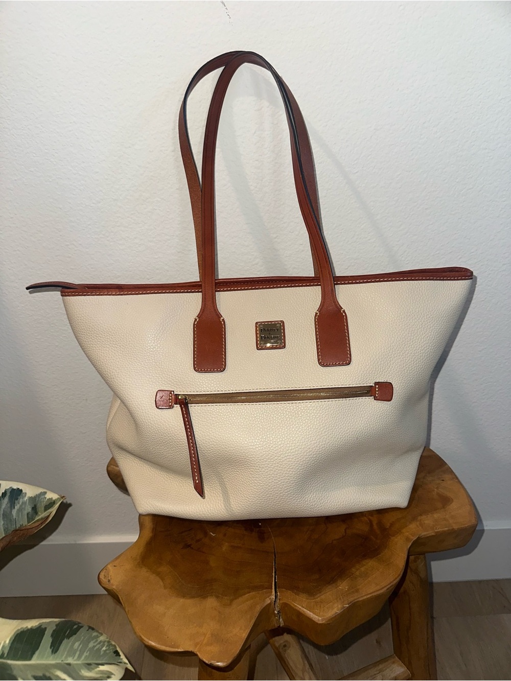 Dooney & Bourke Cream Tote with Brown Leather Trim and Handles